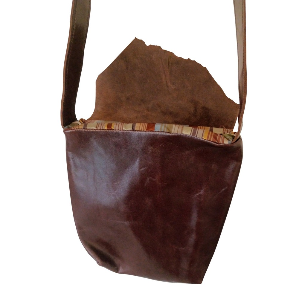 Handmade Brown Leather Crossbody Bag Raw Edge Flap Striped Lining By Dorthea - Picture 5 of 9